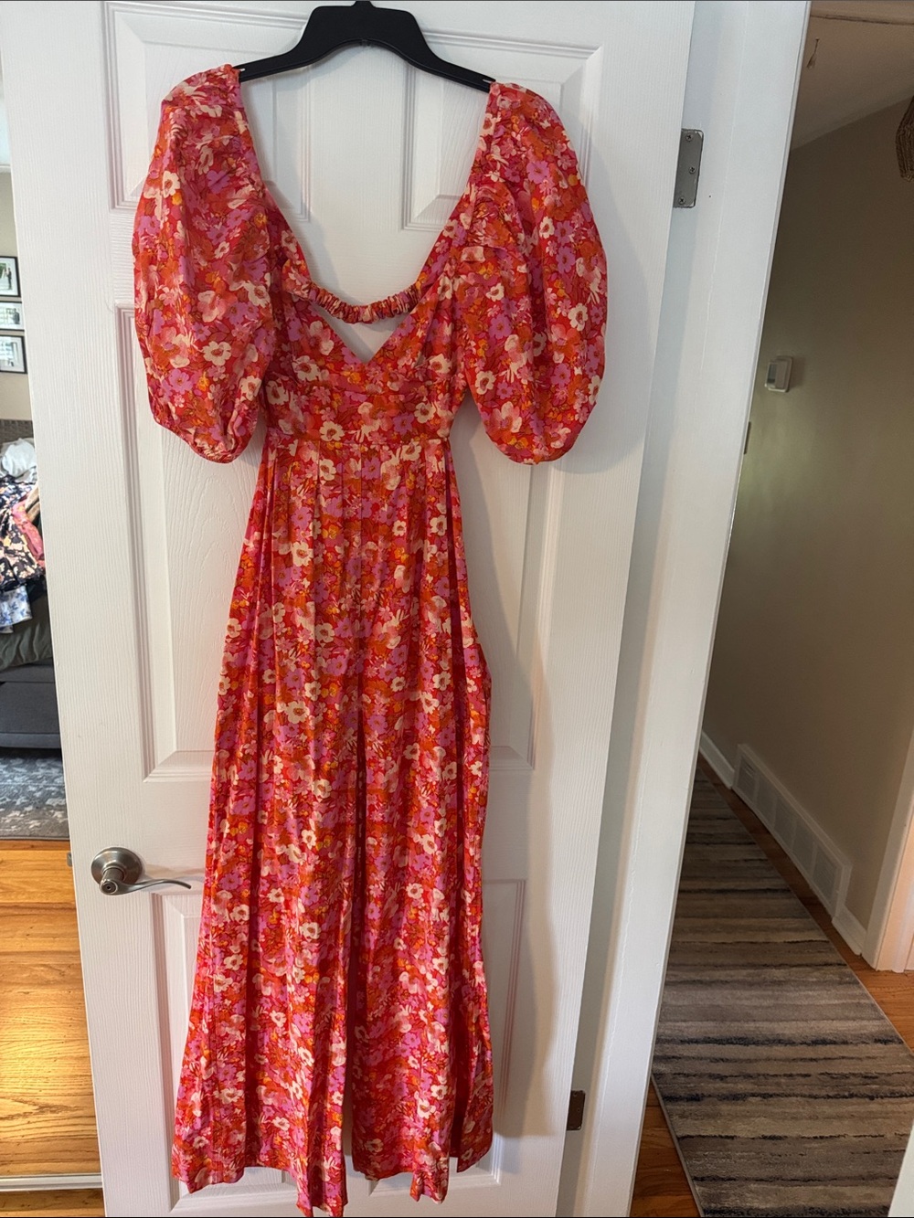 Free People Floral Puff-Sleeve Maxi Jumpsuit in Coral Pink